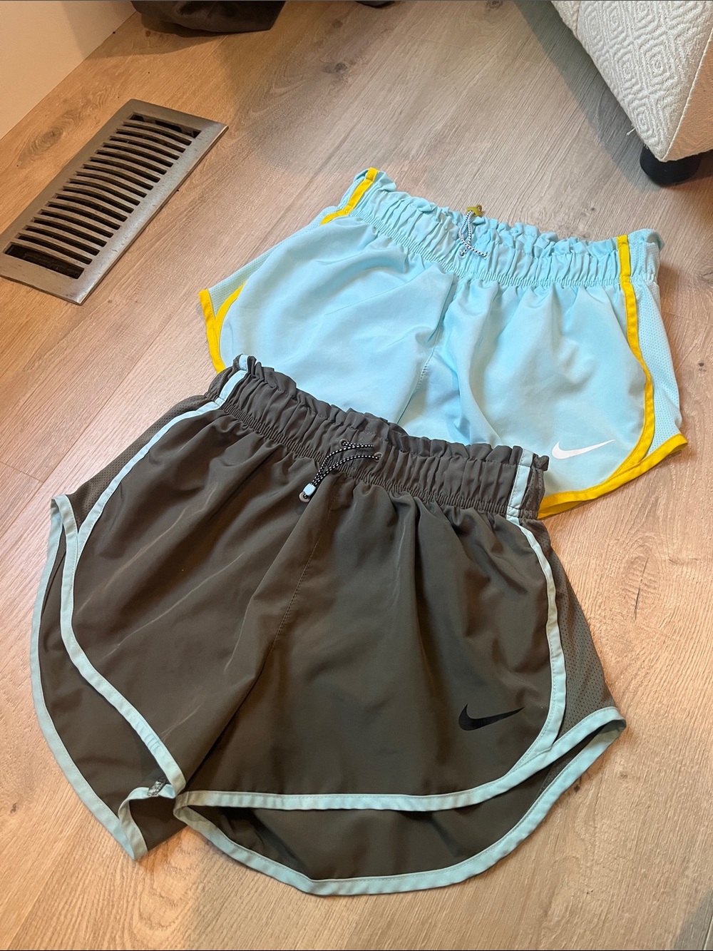 Nike Women's Running Shorts —Light Blue with Yellow & Olive Green with Blue Trim